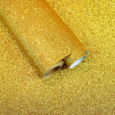 Imagem de FANCYEASY Papel de parede dourado com glitter, colar e descascar, papel de contato dourado, descascar e colar, papel de parede autoadesivo com glitter, tecido removível, envoltórios faça você mesmo