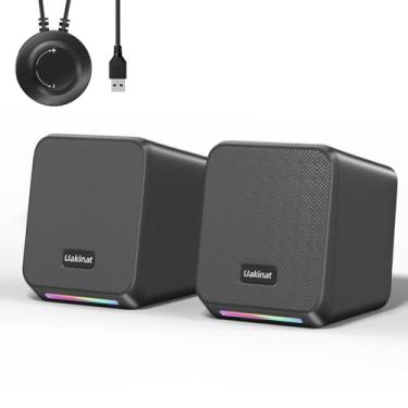 Imagem de Uakinat Alto-falantes de computador, com 7 luzes RGB coloridas, conector de fone de ouvido, graves aprimorados e controle de volume, alto-falantes para jogos alimentados por USB para laptop, monitor