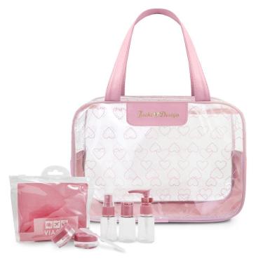 Imagem de Kit De Bolsa Transparente E Frascos De Viagem De 7 Peças Rosa