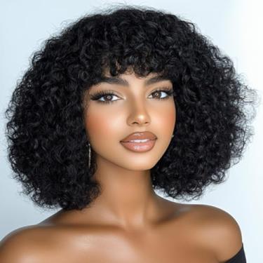 Imagem de JOEDIR HAIR Peruca fofa de cabelo humano para mulheres negras usar e ir afro cacheado Bob peruca com franja 12 polegadas onda de água perucas sem cola 250% densidade (1B / preto)