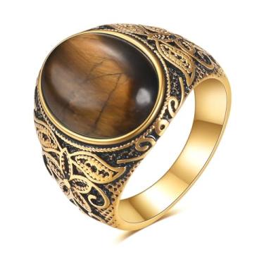 Imagem de LXBQYSTO Anel de casamento retrô grande pedra olho de tigre turquesa para homens anéis de aço inoxidável gótico clássico, 10.5, Aço inoxidável, Turquesa sintética