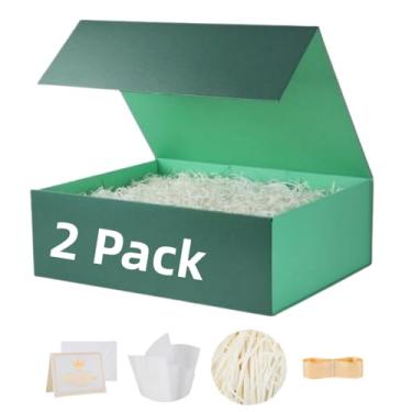 Imagem de UoeRing Pacote com 2 caixas de presente verde grande 34,3 x 30 x 12 cm. Caixa de presente luxuosa para presentes com tampa de fecho magnético dobrável, aniversário, Natal, contém cartão, fita, papel