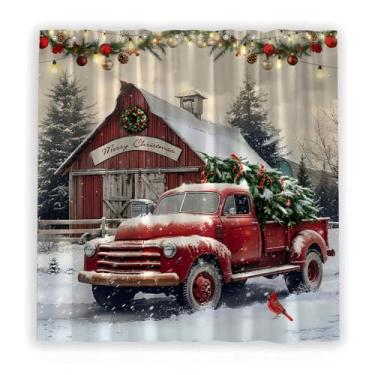 Imagem de Cortina de chuveiro de caminhão de Natal fazenda fazenda vintage caminhão árvore de Natal celeiro vermelho retrô rústico cena de neve Ano Novo feriado poliéster cortina de banheiro com ganchos