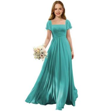 Imagem de Vestido Flower Girl Augday Chiffon Aqua Blue tamanho 16 para casamento