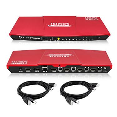 Imagem de Interruptor HDMI KVM de 4 portas com 2 cabos KVM de 1,5 m 3840 x 2160 @ 60 Hz UHD 4:4: 4, suporta saída de áudio L/R e controle de dispositivo USB 2.0 (vermelho)