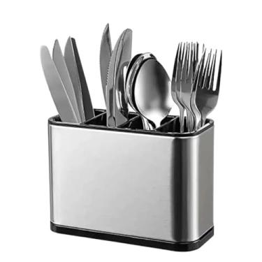 Imagem de Escorredor e Porta Talheres em Aço Inox Resistente Organizador Utensílios Cozinha 2 em 1 Compacto Eficiente e com Drenagem De Água