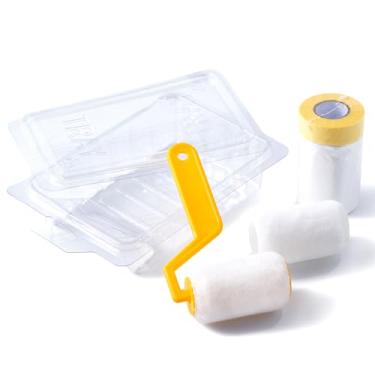 Imagem de VOOMEY Rolo de tinta de espuma, kit de rolo de pintura pequeno de 5 cm com filme de mascaramento pré-colado, forro de bandeja de tinta, mini rolo de pintura para cantos de pintura