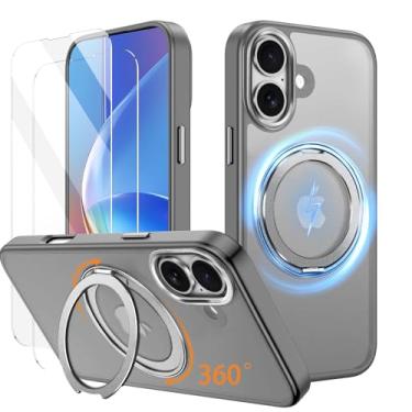 Imagem de Asdsinfor Suporte magnético giratório para iPhone 16 Plus, compatível com carregamento sem fio, capa fina à prova de choque com 2 protetores de tela, anel giratório com suporte para Apple iPhone 16