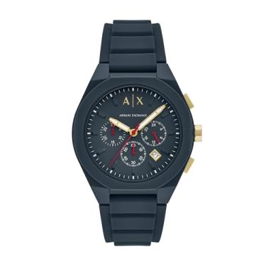 Imagem de Armani Exchange Relógio masculino com cronógrafo A|X; relógio masculino com pulseira de couro, aço inoxidável ou silicone, Azul, Sincronização