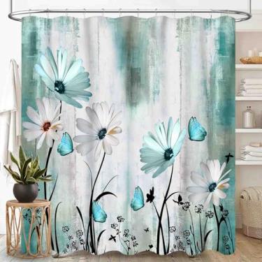 Imagem de TKUYO Cortina de chuveiro margarida branca azul-petróleo, flor moderna, retrô, floral, primavera, borboleta, estilo rural, estilo rústico, turquesa, tecido impermeável, conjunto com ganchos, 183 cm x