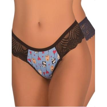 Imagem de Kit 2 Calcinha Estampada Fio Dental Renda Lateral Conforto Elegante Mo
