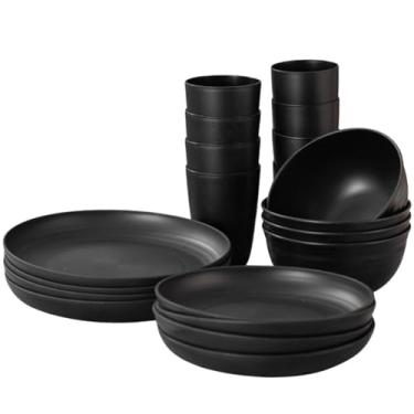 Imagem de Conjunto Aparelho de Jantar 18 Peças, 6 Pratos, 6 Bowls, 6 Copos, Preto, Resistente, Serviço de Janta Resistente, Jogo de Luxo em Melamina