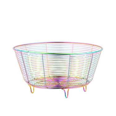 Imagem de QOBIMOON Tigela de aço inoxidável para armazenamento de frutas, tigela de arame para cozinha com pão, legumes, design elegante com estrutura de aço resistente - arco-íris