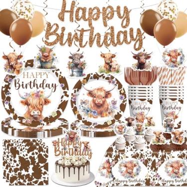 Imagem de 197 peças de decorações de aniversário de vaca marrom incluem conjunto de utensílios de mesa, faixa, pendurado, toalha de mesa, balão, topo de cupcake, peça central, para animais de fazenda ocidentais