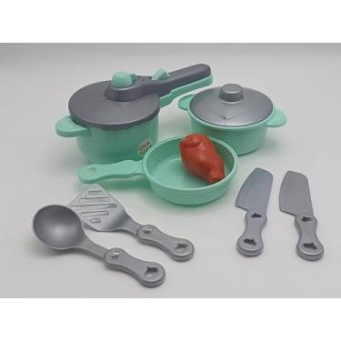 Imagem de Conjunto de Panelas e Utensílios de Cozinha Infantil, Panela de Pressão, Panela com Tampa e Frigideira Verde Menta, 8 Peças