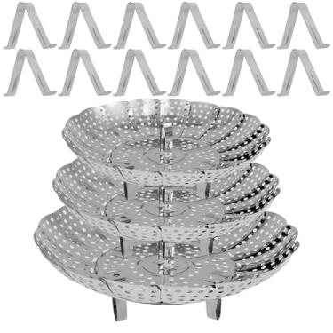 Imagem de Cesta para vaporizador de 3 peças, 3 tamanhos, aço inoxidável, vaporizador de vegetais, dobrável, com alça removível, 3 pernas de aço inoxidável, inserção para cozinhar legumes e frutos do mar
