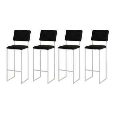Imagem de Kit 4 Banquetas com Encosto Industrial e Moderna Nina Branco e Corino Preto