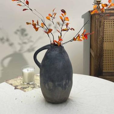 Imagem de DOCFLVAS Vaso rústico de cerâmica com alça, vaso vintage grande de 26 cm para decoração de casa, vasos de flores de cerâmica feitos à mão para sala de estar, cozinha, escritório, casa de fazenda, peça