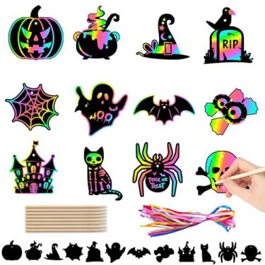 Imagem de Aunthvra 24 peças de kit de arte de papel de raspar de Halloween | Rainbow Magic Scratch Off Cards Caveira morcegos fantasma castelo padrão papel de desenho faça você mesmo para artigos de festa de