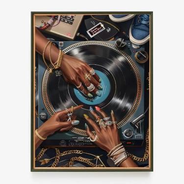 Imagem de Arte de parede de disco de vinil vintage mulher negra pôster abstrato DJ Music Studio pintura imagens decoração de parede moda arte afro-americana moderna impressão de menina negra para decoração de