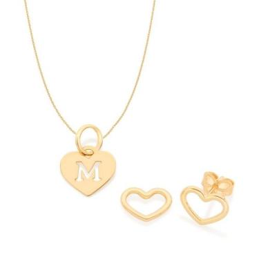 Imagem de Kit Rommanel Brinco Coração Colar 42cm Letra M Pra Presente