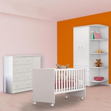 Imagem de Infantil Berço Retro, Guarda Roupa e Cômoda Sapateira Branco - Qmovi