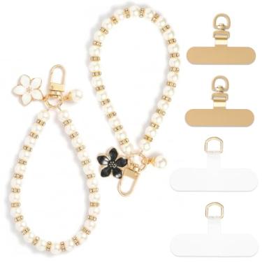 Imagem de 2 peças de pulseira de telefone com contas bonito cristal pérola cordão de corrente para celular, alça feminina de pulso para câmera para smartphones, bolsa, dispositivos digitais, chaveiro destacável