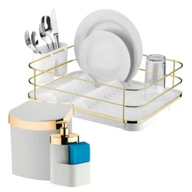 Imagem de Kit 3 pçs Escorredor de Louças Lixeira 2,5L E Porta Detergente Branco e Dourado