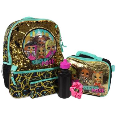 Imagem de Mochila Escolar Infantil Boneca LOL com Lancheira e 3 Acessórios para Crianças, Preta e Dourada
