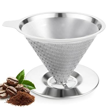 Imagem de GLADICER Coador de café, V60 Pour Over, gotejador de café a laser de aço inoxidável 18/10, filtro de cone de metal de camada dupla de malha fina, Colador de Café, 1-4 xícaras