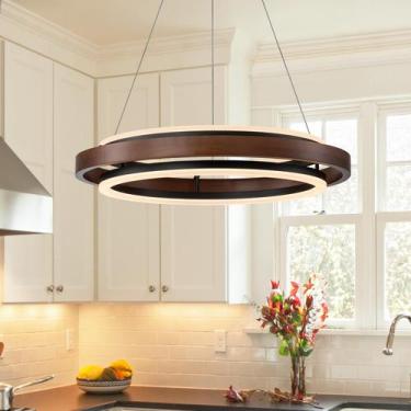 Imagem de Lustre LED de madeira HUOKU 60 cm com acabamento em nogueira regulável