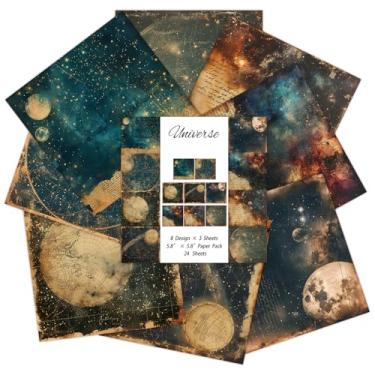 Imagem de 24 folhas de papel cósmico envelhecido vintage – 14 x 14 cm, céu estrelado, planetas, lua, nebulosas, papel artesanal para scrapbook, decoupage, diário
