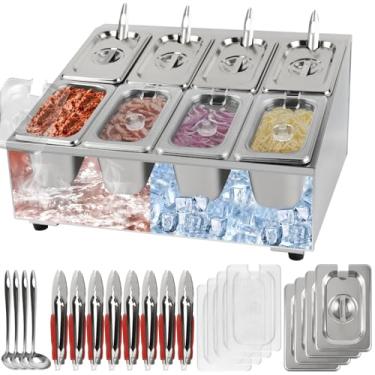 Imagem de Kalolary Estação de armazenamento com cobertura de pizza com 8 panelas, recipientes de condimentos de aço inoxidável com tampas, colheres de gelo, recipiente para servir alimentos, salada, bar