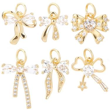 Imagem de Beebeecraft 18 peças, 6 estilos, berloques de laço pequenos banhados a ouro 18 k com zircônia cúbica e anéis de salto para fazer joias, colar, pulseira, brinco, pingente de artesanato DIY (furo: 3 mm)