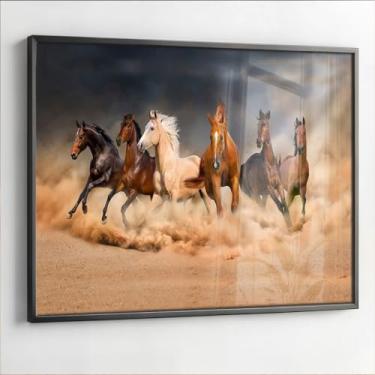 Imagem de Quadro com Moldura e Acrilico Cristal Vidro Sala Quarto Cavalos Correndo Deserto Decorativo Horizontal Grande Hall