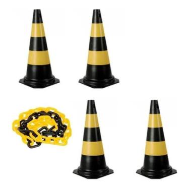 Imagem de Kit 4 Cones De Sinalização 75cm Segurança Corrente 20mt elo p - plastc