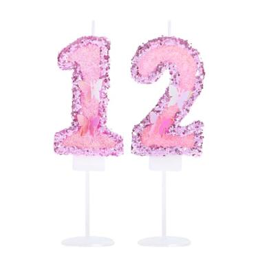 Imagem de Kinsynko Número 12 velas de lantejoulas rosa 12 velas de aniversário para princesas meninas 12 anos tema borboleta decorações de festa topo de bolo