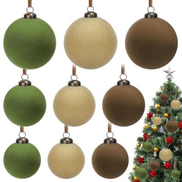 Imagem de Aneco 18 peças de enfeites de Natal de veludo, 3 tamanhos de bola de árvore de Natal flocada, ornamentos decorativos de plástico para pendurar com 18 fitas para decoração de árvore de guirlanda de