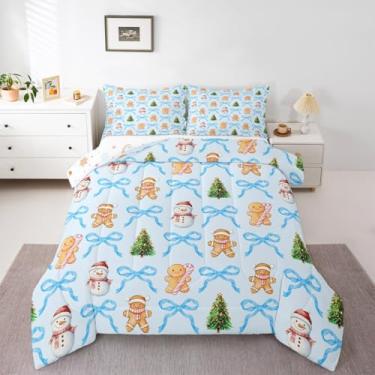 Imagem de Feelyou Conjunto de edredom de Natal azul para crianças, fofo, laço, pão de gengibre, para meninos, meninas, adolescentes, árvore de Natal, boneco de neve, inverno, férias, edredom para decoração de