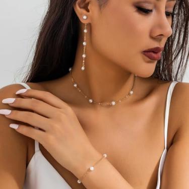 Imagem de Conjunto de joias para mulheres, colar e brinco de pérola, brincos de pérola, gargantilha de casamento, dama de honra, presentes para mulheres, prateado, One size, Metal, Sem Pedra Preciosa