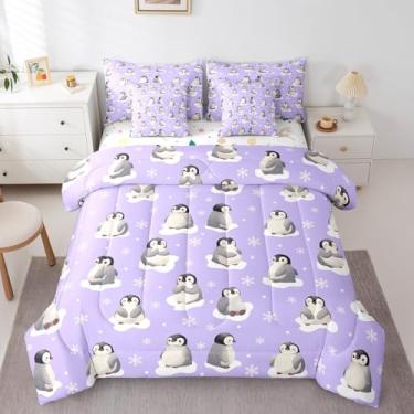 Imagem de Erosebridal Jogo de cama queen pinguim roxo com desenho animado de animais para crianças, meninos e meninas, flocos de neve fofos (edredom + lençol de cima + 2 fronhas + 2 fronhas de travesseiro),