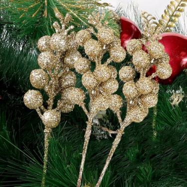 Imagem de 3 peças com glitter caules de bagas em pó de espuma artificial falsa galhos de frutas silvestres de árvore de Natal, guirlanda de azevinho, decoração de mesa de festa, ouro 23,5 cm de comprimento