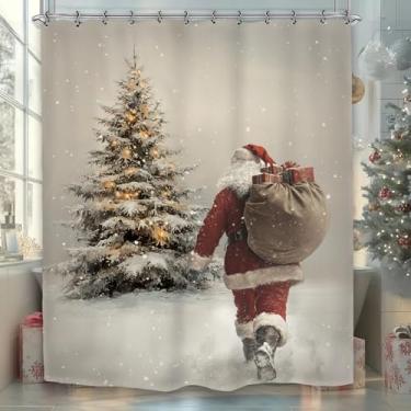 Imagem de Yookeb Cortina de chuveiro para banheiro com árvore de Natal, Papai Noel, 152 cm por 188 cm, tecido de poliéster para inverno, neve, férias, 12 ganchos de plástico, decoração à prova d'água