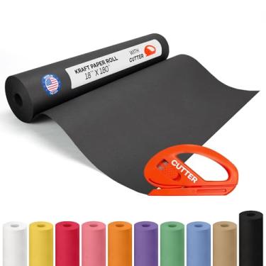 Imagem de Rolo de papel Kraft preto 45,7 cm x 5,486 cm (55,9 m) com cortador - Papel de embrulho feito nos EUA para embalagem, mudança, envio e artesanato/artes - Material de artesanato natural 100% reciclável