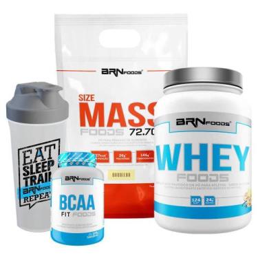 Imagem de Kit Size Mass Foods Baunilha Whey Foods Bcaa Coqueteleira - Brnfoods