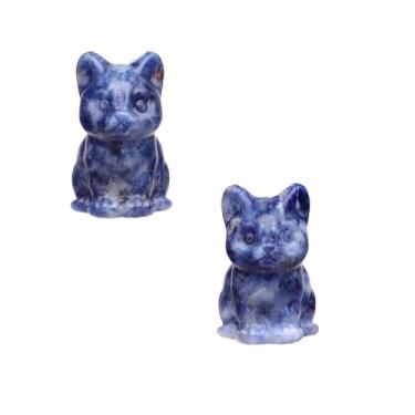 Imagem de Rockcloud Pacote com 2 estátuas de gato de cristal de sodalita, estatuetas de animais de gato sentado esculpidas à mão de 3,8 cm para decoração de casa