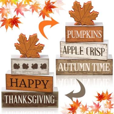Imagem de Briwooody 4 peças de decoração de mesa de outono de madeira reversível folhas de bordo bandeja em camadas decoração de ação de graças centro de mesa rústica decorativa folhas de bordo placas de bloco