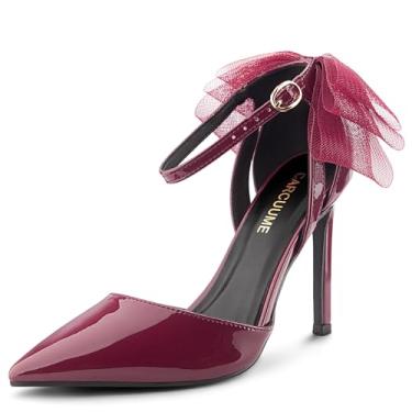 Imagem de Carcuume Sandália feminina de bico fechado com salto agulha com laço e bico fino, sapatos de casamento, Patente de vinho, 35