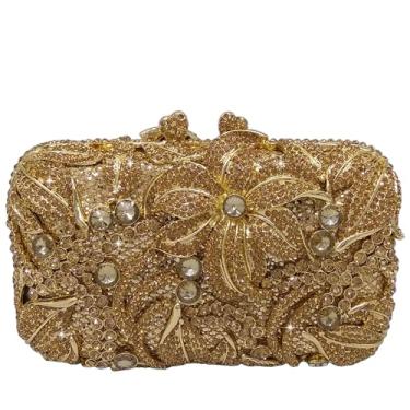 Imagem de Boutique De FGG Mini bolsa clutch floral para mulheres, formal, bolsa de mão com strass, bolsa clutch de cristal para festa nupcial, Dourado, Mini