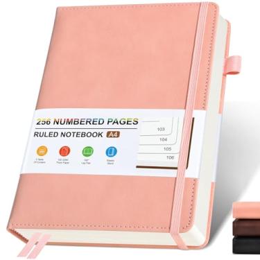 Imagem de Caderno de couro forrado para mulheres e homens, diários de capa dura com 256 páginas numeradas, cadernos de diário A4 para escrever, papel pautado grosso de 100 g/m2 para escola de trabalho de